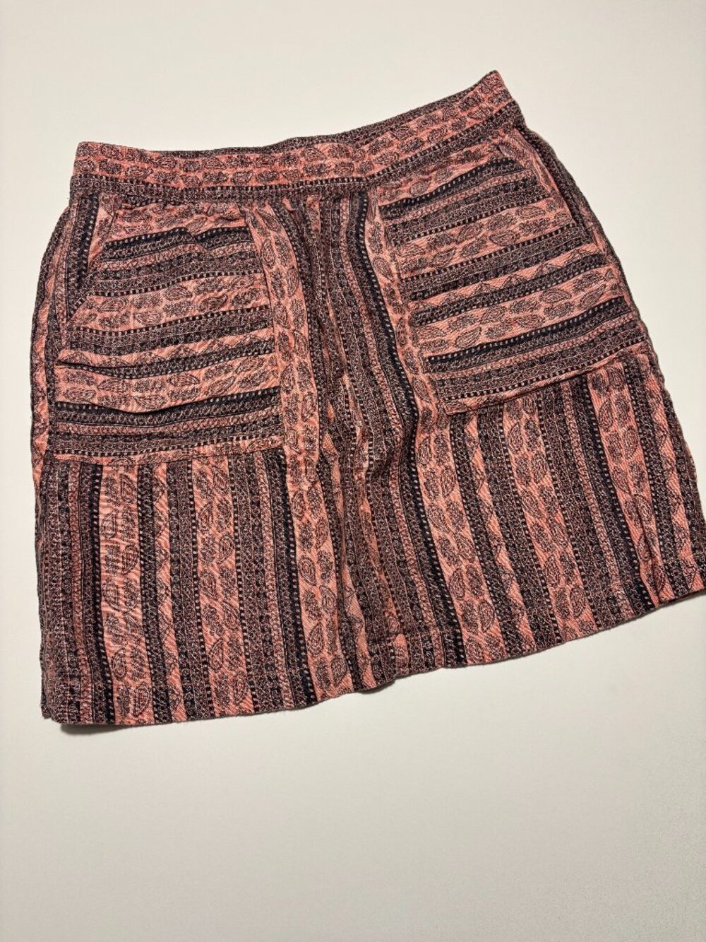 GARNET HILL PINK & BLACK PAISLEY PATTERN LINEN SKIRT WITH POCKETS